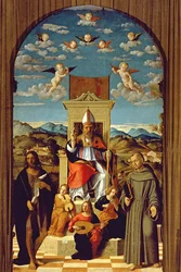 St. Thomas a Becket (1118-70) op de troon met SS. Franciscus en Johannes de Doper, 1520